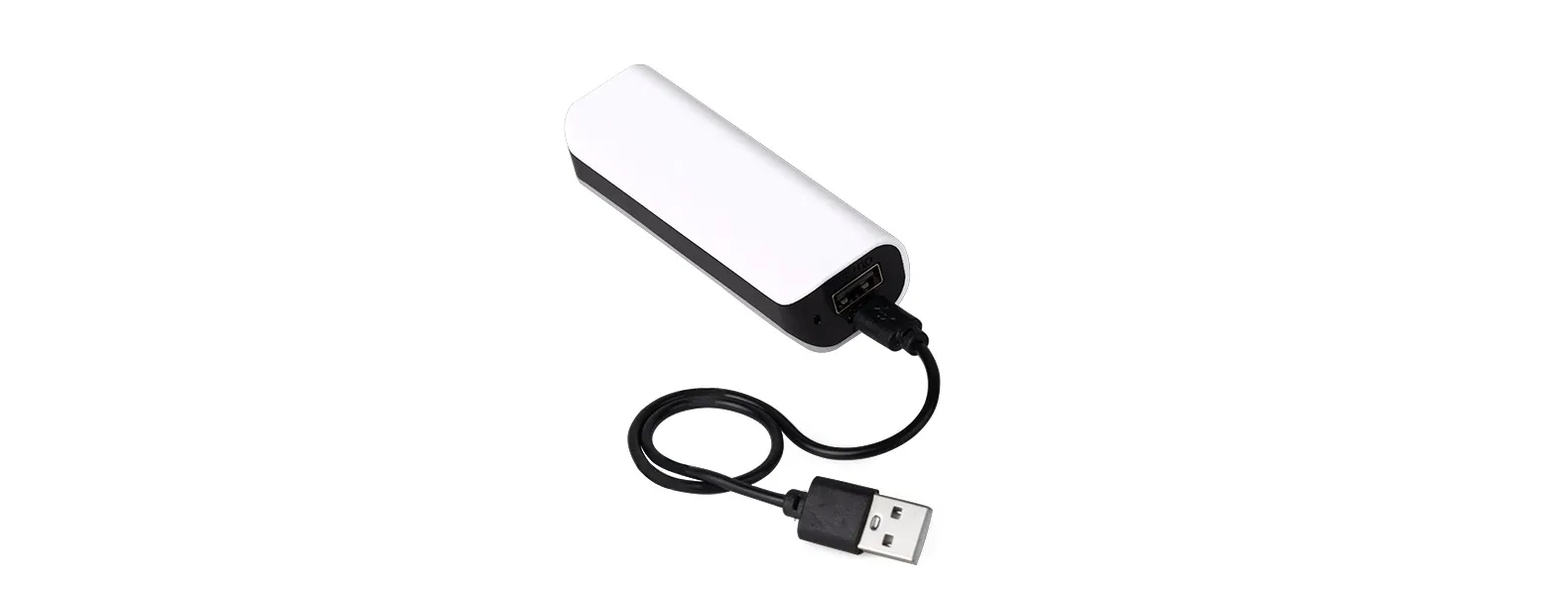 Carregador portátil USB em plástico ABS para celular/smartphone/tablet com capacidade: 1.800mAh. Conta também com caneta esferográfica em ABS preta.