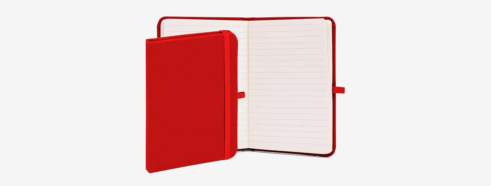 Caderno para anotações vermelho com capa dura. Conta com 80 folhas pautadas, porta caneta e elástico para fechamento Gramatura da folha de 70 g/m2