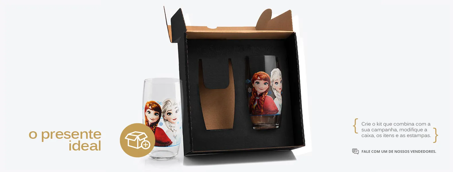 Jogo de copos personalizados com dois copos Frozen em vidro e embalagem.