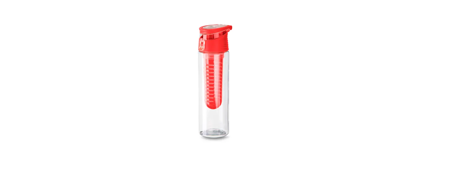 Squeeze em Plástico AS transparente/vermelho. Conta com infusor para aromatizar o líquido, tampa principal rosqueável, tampa abre e fecha e alça que facilita o transporte. Pode ser usado sem o infusor como um squeeze normal. Capacidade: 750ml