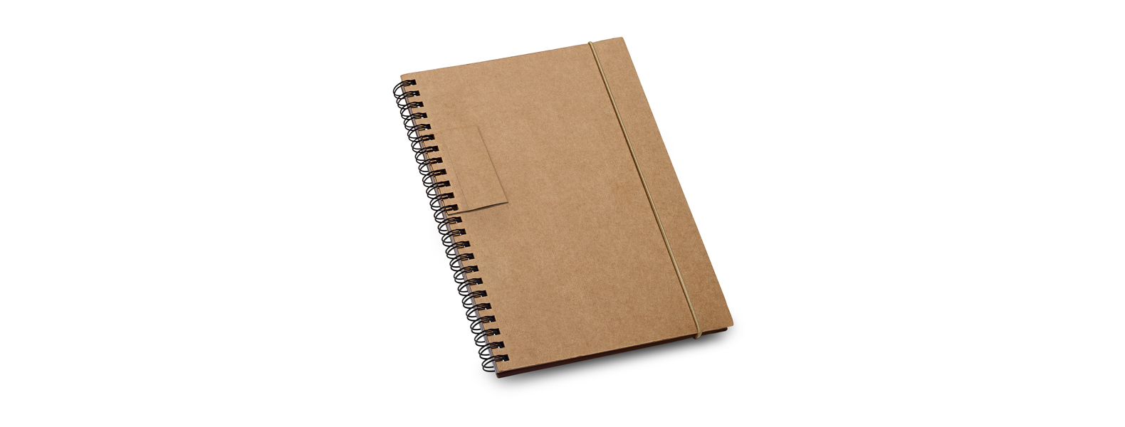Caderno pautado wire-o bege/preto. Conta com capa dura, 60 folhas pautadas em papel reciclado e espaço para caneta.