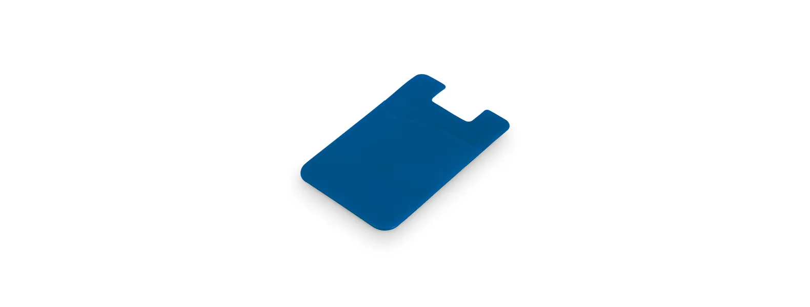 Porta cartão para celular em PVC azul. Conta com autocolante no verso.