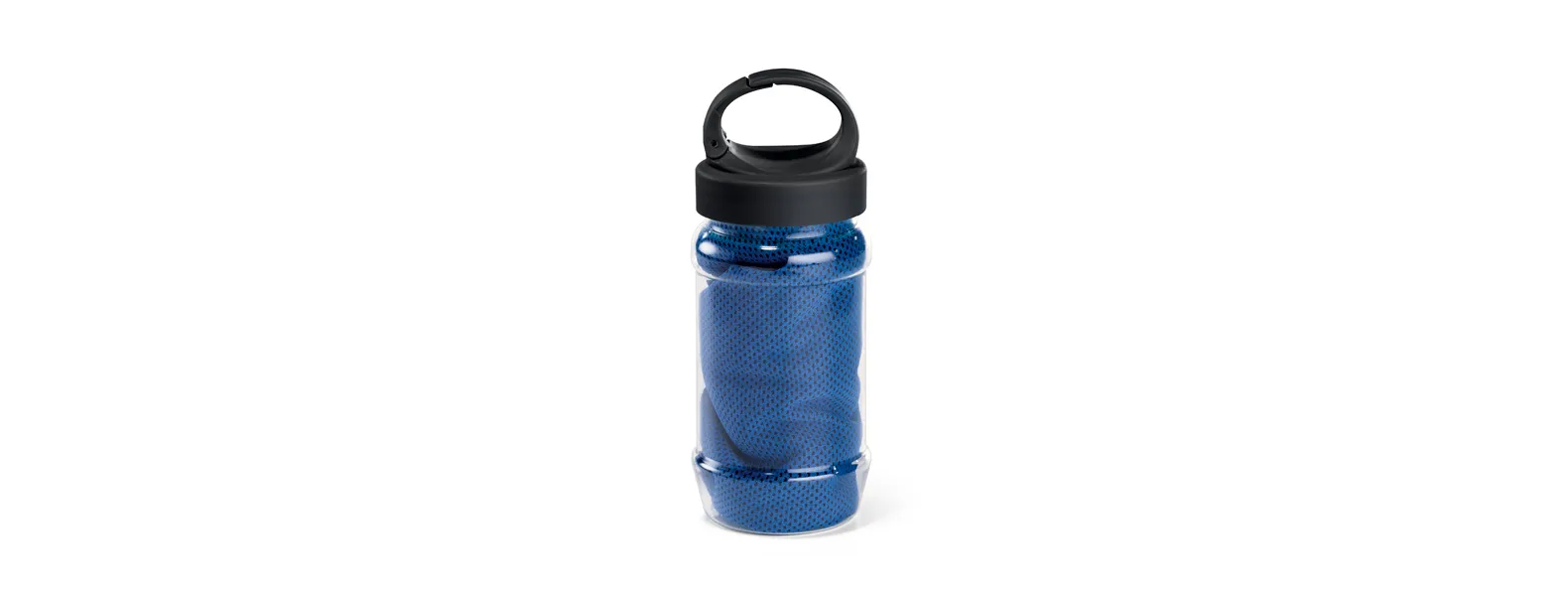 Toalha para esporte azul com garrafa em PP e PET. Toalha refrescante, quando molhada permanece fria durante horas. Se aquecer, basta balançar reativando sua frescura. Reutilizável e lavável à máquina. Capacidade da garrafa: 440ml