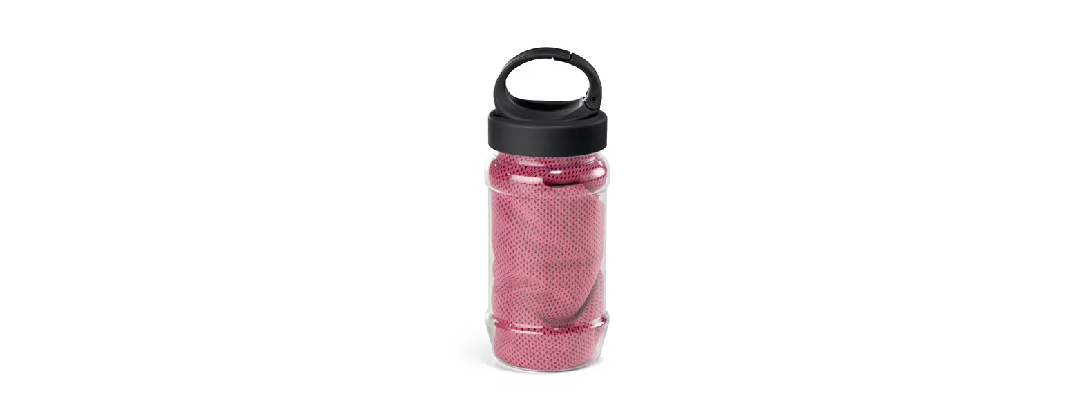Toalha para esporte rosa com garrafa em PP e PET. Toalha refrescante, quando molhada permanece fria durante horas. Se aquecer, basta balançar reativando sua frescura. Reutilizável e lavável à máquina. Capacidade da garrafa: 440ml