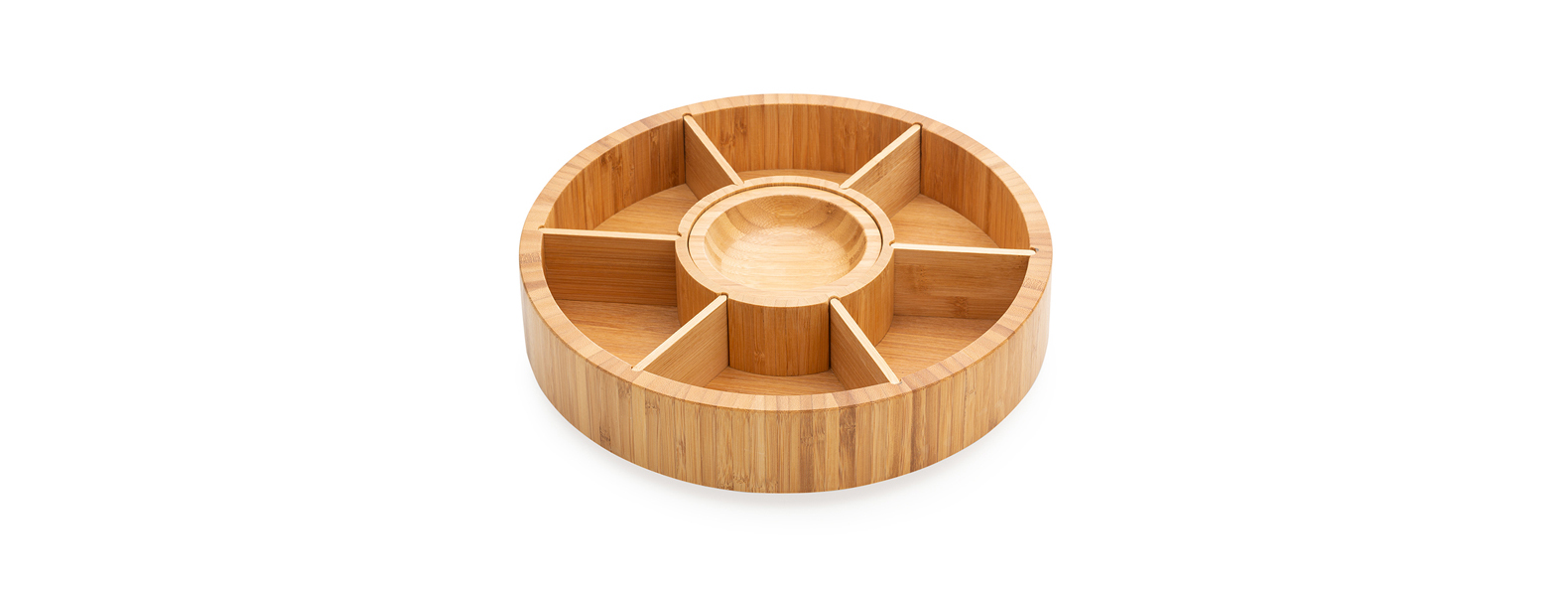 Petisqueira giratória em Bambu; Conta com seis divisórias, com placas removíveis, e um bowl para molhos e patês.
