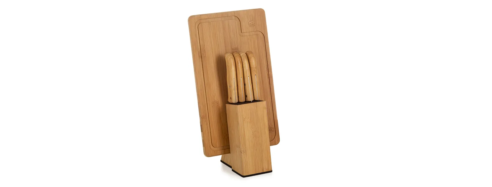Conjunto para cozinha em bambu/inox; Acompanha tábua e cepo em bambu; Faca 7, faca para pão 7, faca santoku e faca de filetiar 5.