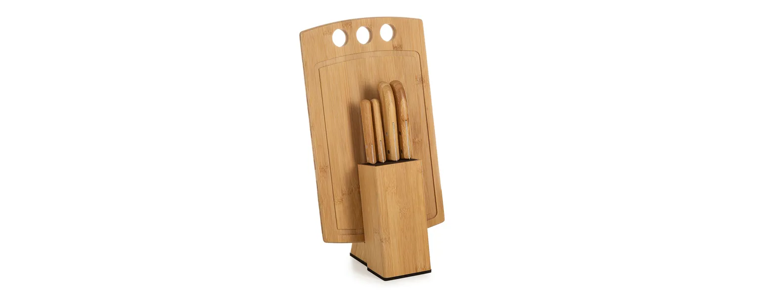 Conjunto para cozinha em bambu/inox; Acompanha tábua com 3 furos e cepo em bambu; Faca 7, faca para pão 7, faca para frutas 4 e faca para legumes 3.