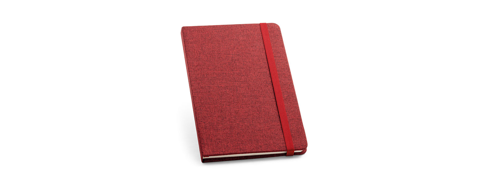 Caderno para anotações com capa dura revestida de Poliéster vermelho. Conta com 80 folhas pautadas, marca página e elástico para fechamento. Gramatura da folha de 70 g/m2