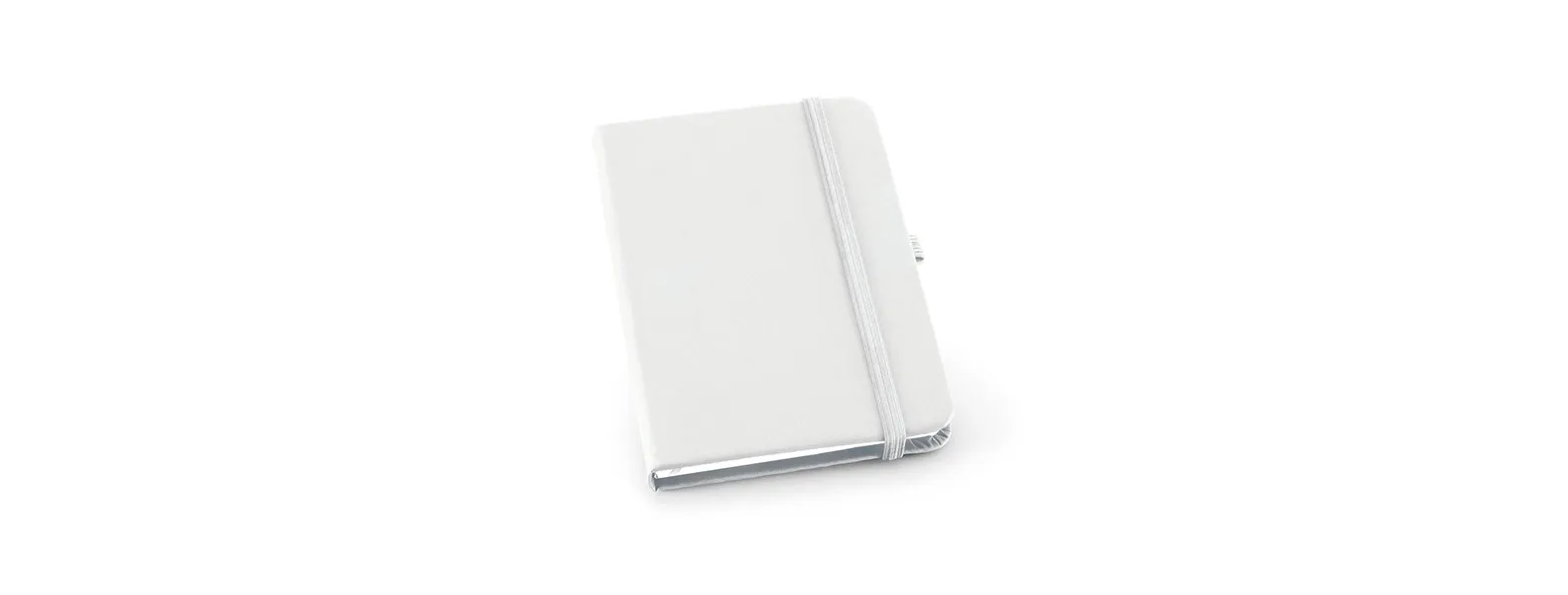 Caderno para anotações branco com capa dura. Conta com 80 folhas pautadas, porta caneta, marca página e elástico para fechamento. Gramatura da folha de 70 g/m2