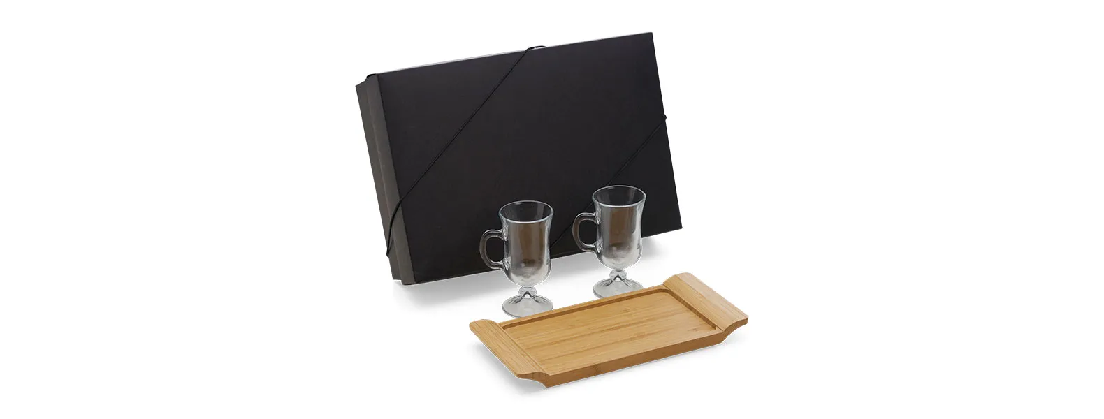 Kit para cafézinho; Conta com bandeja em bambu; Duas canecas em vidro 130ml cada. Estão perfeitamente acomodados em uma caixa para presentear.