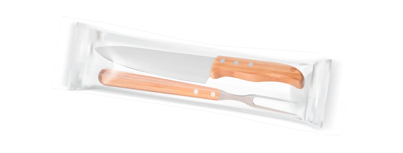 Conjunto de Faca em Bambu/Aço Inox; Acompanha faca 8'' e garfo em Bambu/Inox. Como cortesia, fazemos uma gravação na lâmina da faca com os cortes do boi.