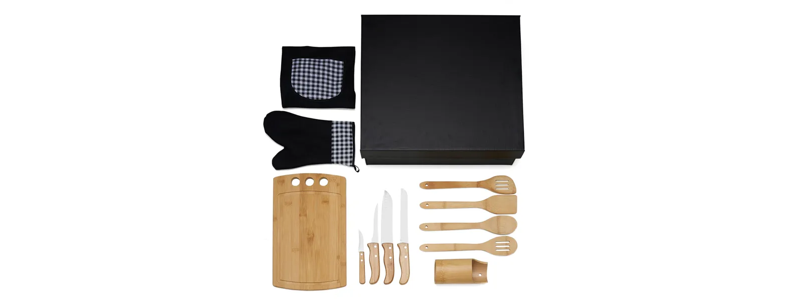 Conta com tábua, quatro utensílios e porta utensílios em bambu; faca 8, faca para pão, faca para desossar e faca para legumes em Bambu/Inox; Luva e avental em Brim.