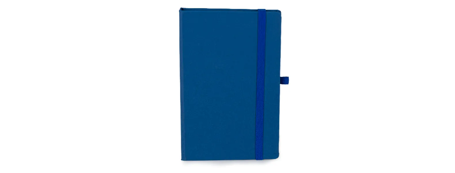 Caderno para anotações azul com capa dura. Conta com 80 folhas pautadas, marcador de página, porta caneta e elástico para fechamento. Gramatura da folha de 70 g/m2.