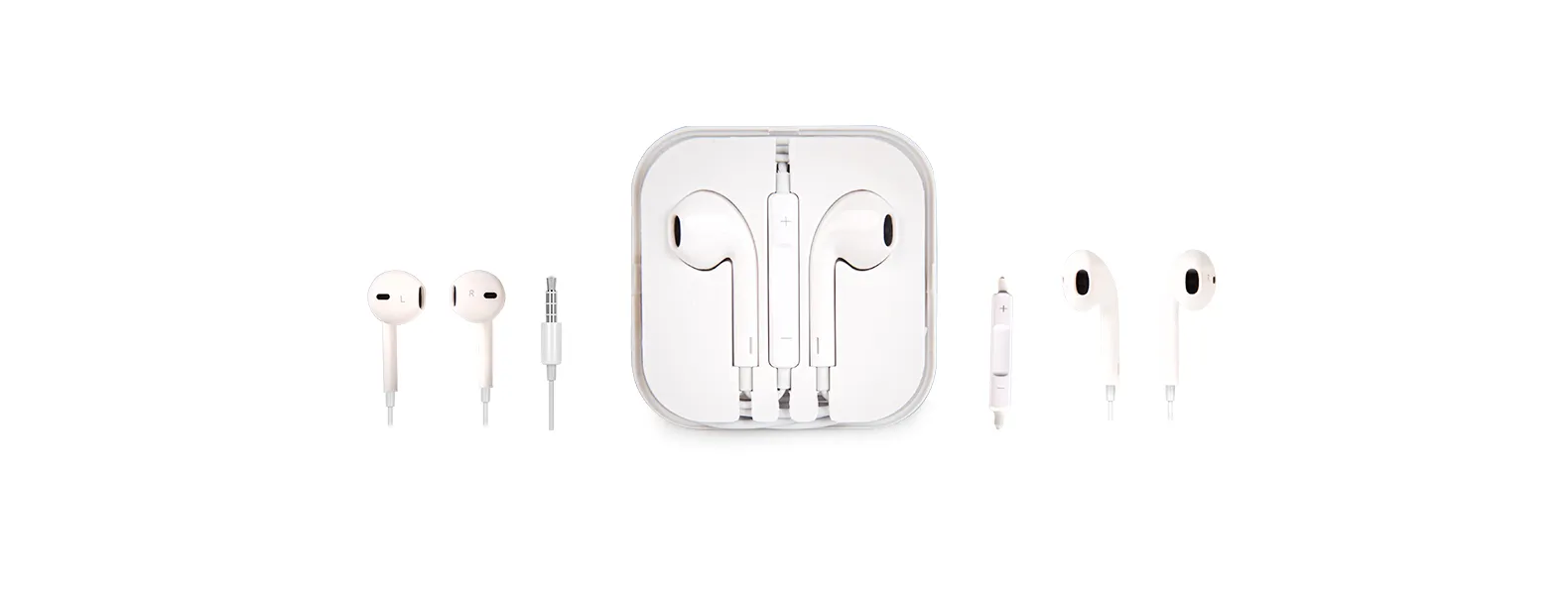 Fone de ouvido branco com microfone, controle de volume e estojo plástico. Conta com cabo de 1m e conector 3.5mm (P2, o mais comum para celulares, tablets e etc). Obs: os controles de volume funcionam apenas para celulares da Apple.