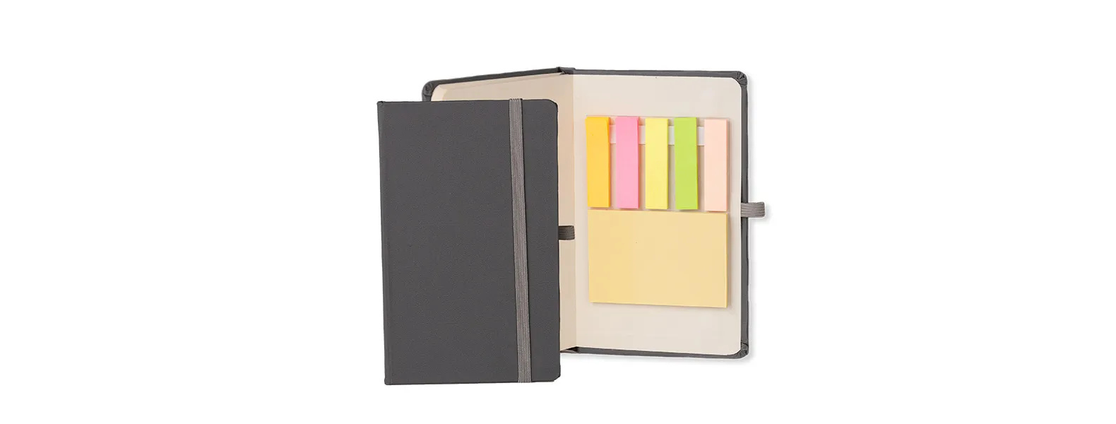 Caderno para anotações com capa dura. Conta com 80 folhas não pautadas, elástico para fechamento e 150 folhas autocolantes em 5 cores. Gramatura da folha de 70 g/m2