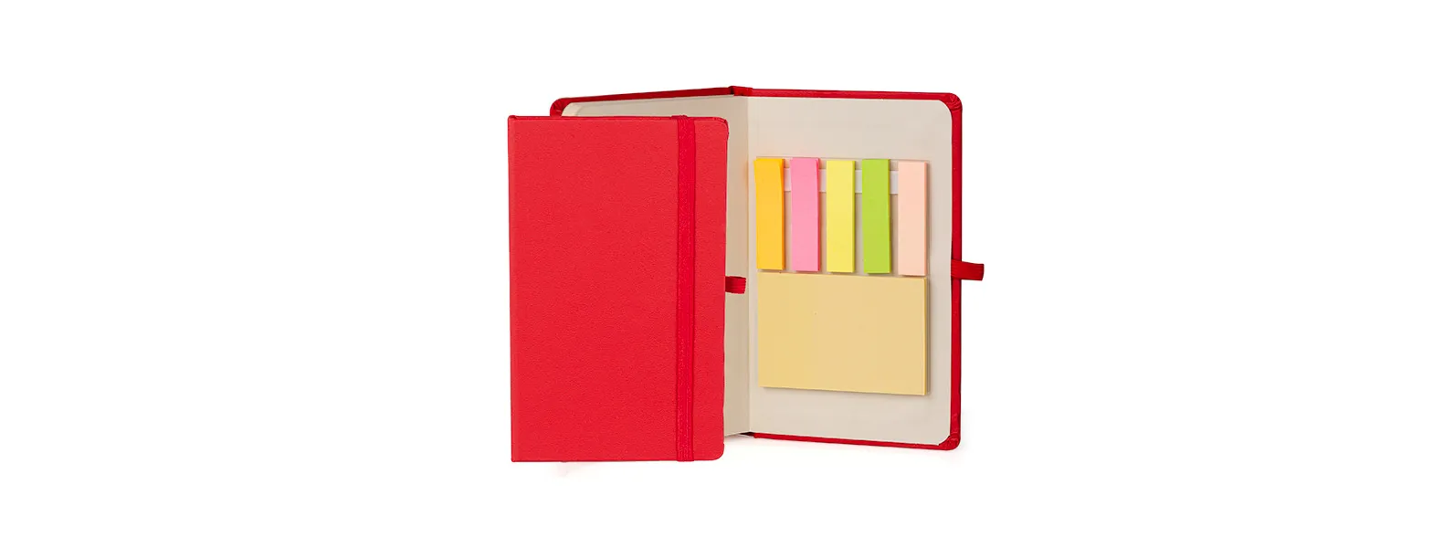 Caderno para anotações com capa dura. Conta com 80 folhas não pautadas, elástico para fechamento e 150 folhas autocolantes em 5 cores. Gramatura da folha de 70 g/m2