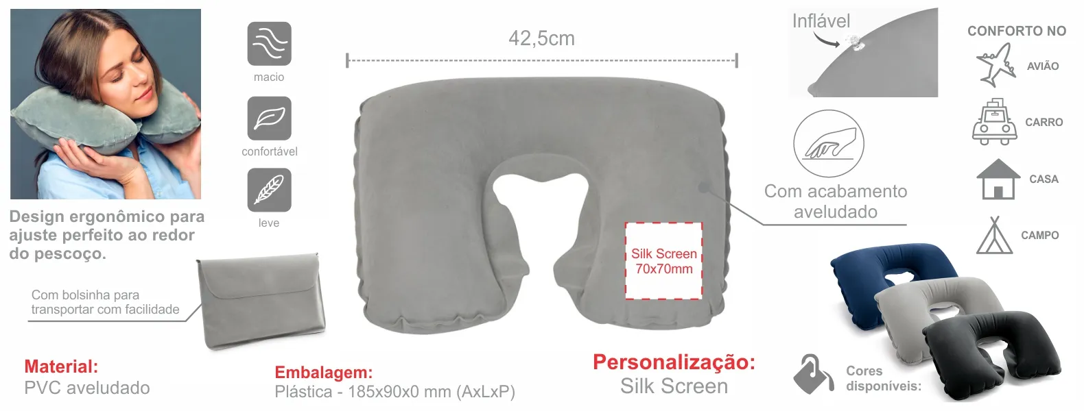 Almofada de pescoço inflável em PVC cinza. Conta com acabamento aveludado e bolsa.