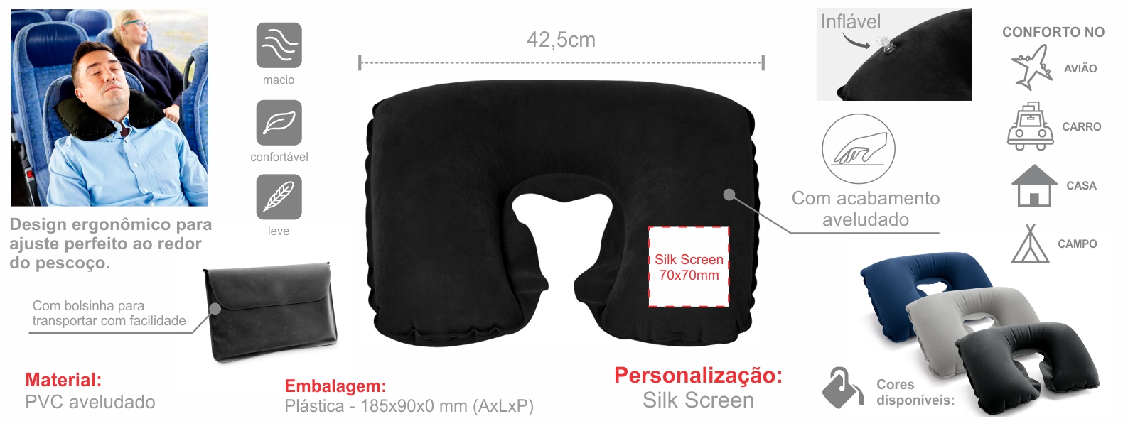 Almofada de pescoço inflável em PVC preto. Conta com acabamento aveludado e bolsa.