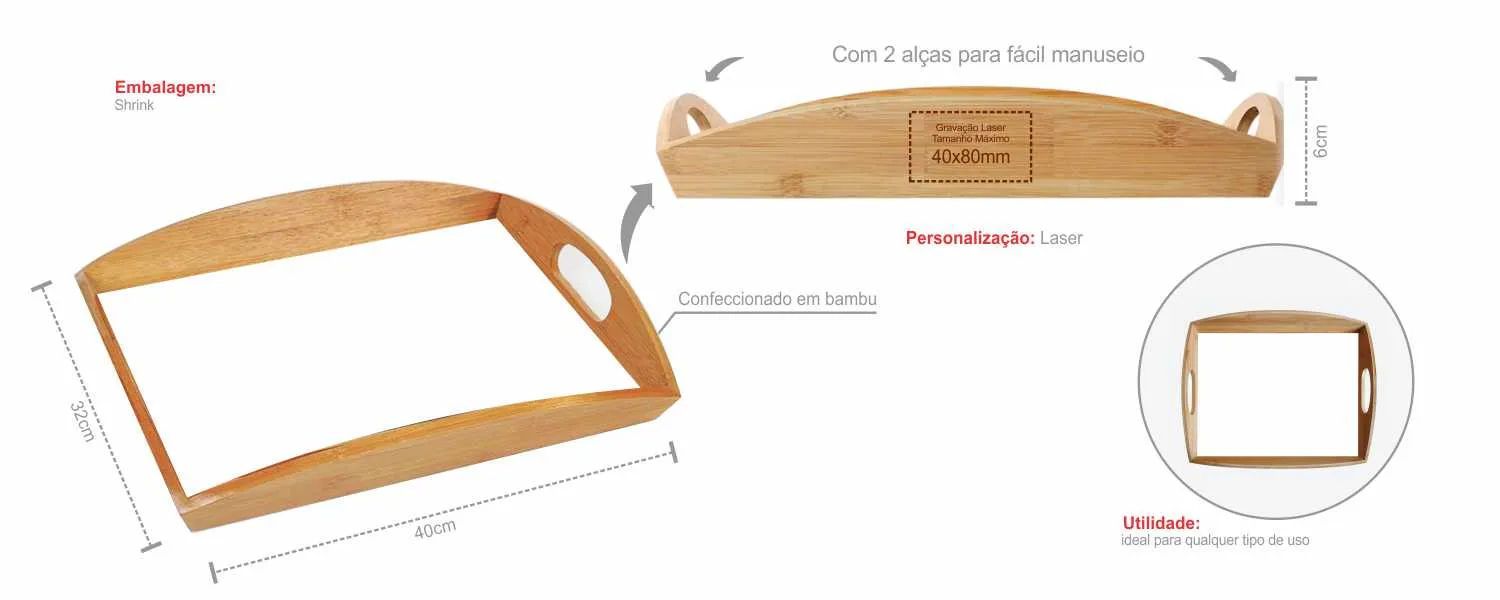 Bandeja para servir retangular em bambu 40 cm.