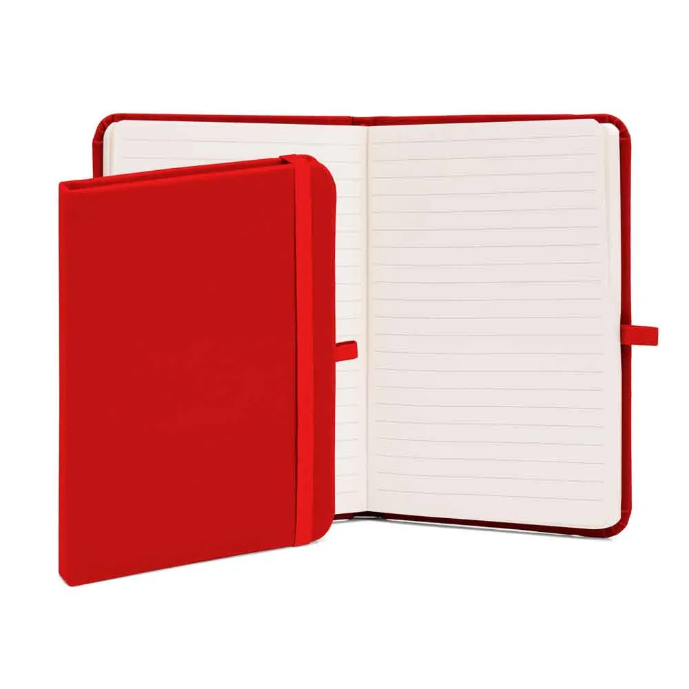 Caderno para anotações vermelho com capa dura. Conta com 80 folhas pautadas, porta caneta e elástico para fechamento Gramatura da folha de 70 g/m2