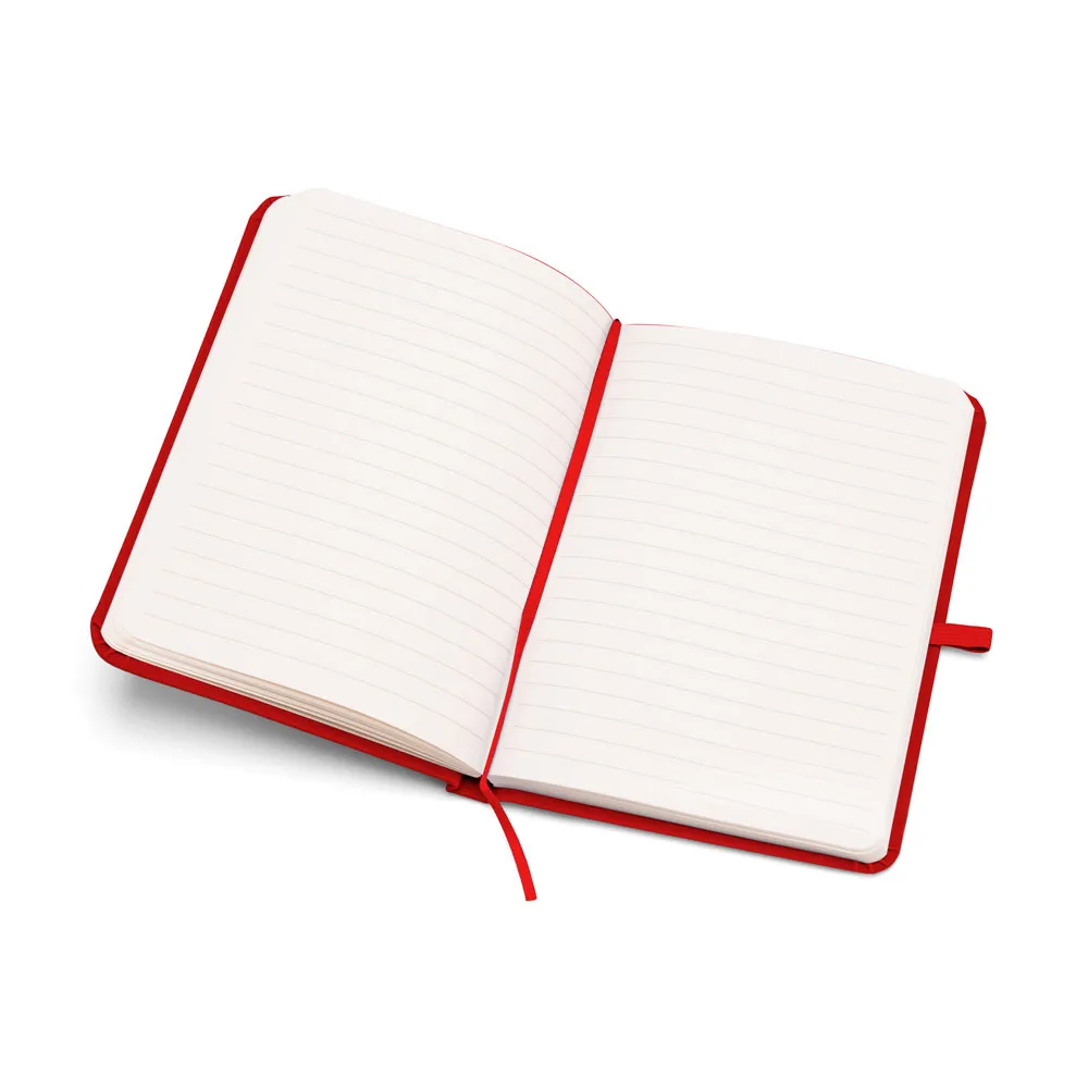 Caderno para anotações vermelho com capa dura. Conta com 80 folhas pautadas, porta caneta e elástico para fechamento. Gramatura da folha de 70 g/m2 com 15x9cm.