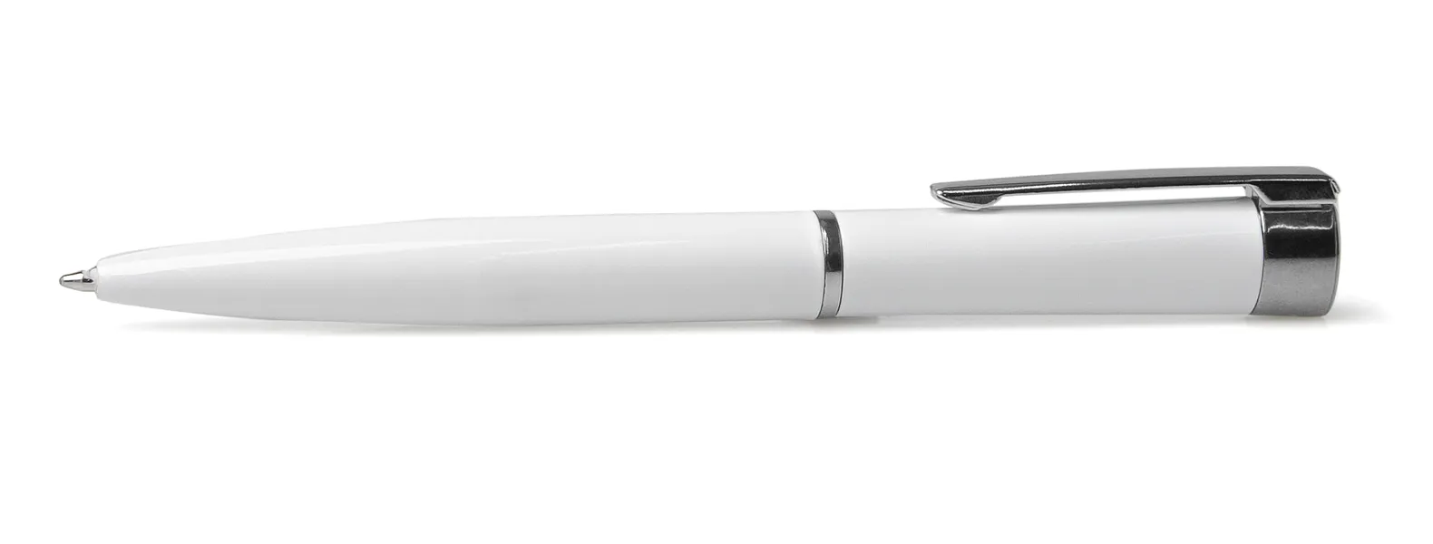 Caneta confeccionada em alumínio branco com detalhes cromado. Carga esferográfica azul, acionada com um giro no corpo da caneta.
