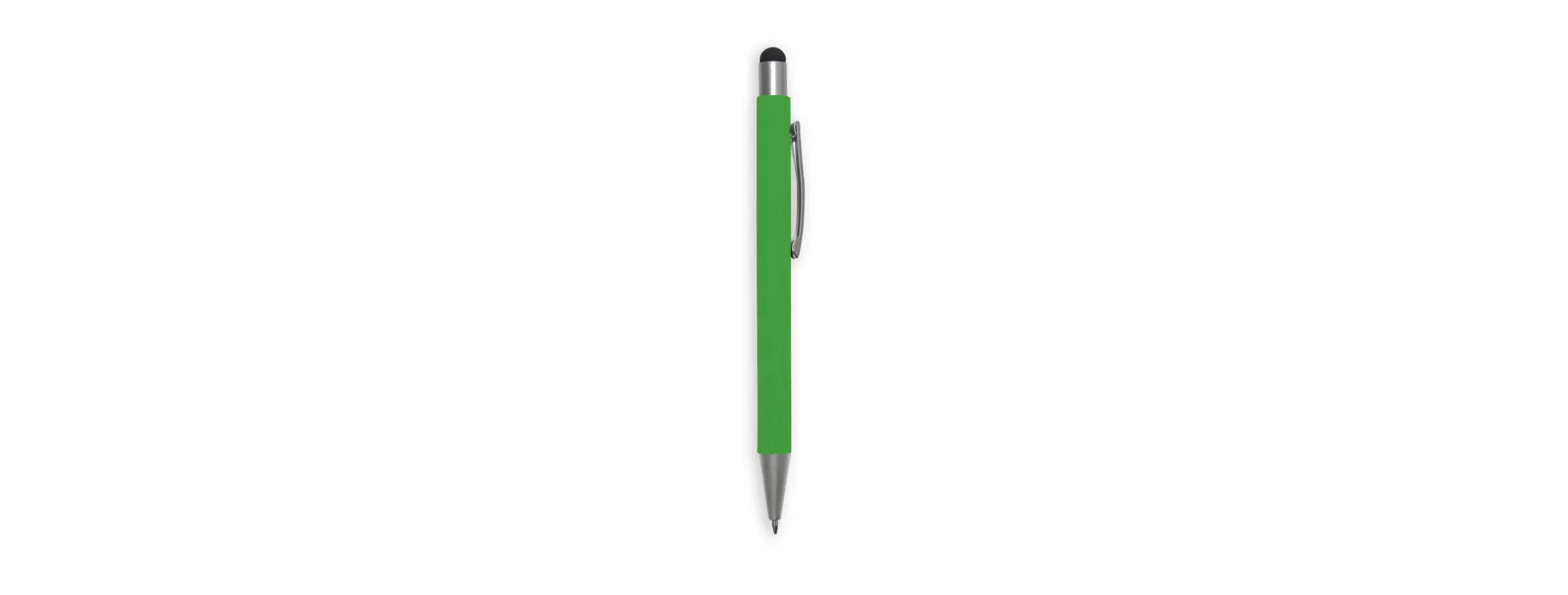 Caneta esferográfica em alumínio verde. Conta com acabamento fosco, clipe e ponteira touch em silicone preto. Carga esferográfica azul acionada por um click na extremidade da caneta.