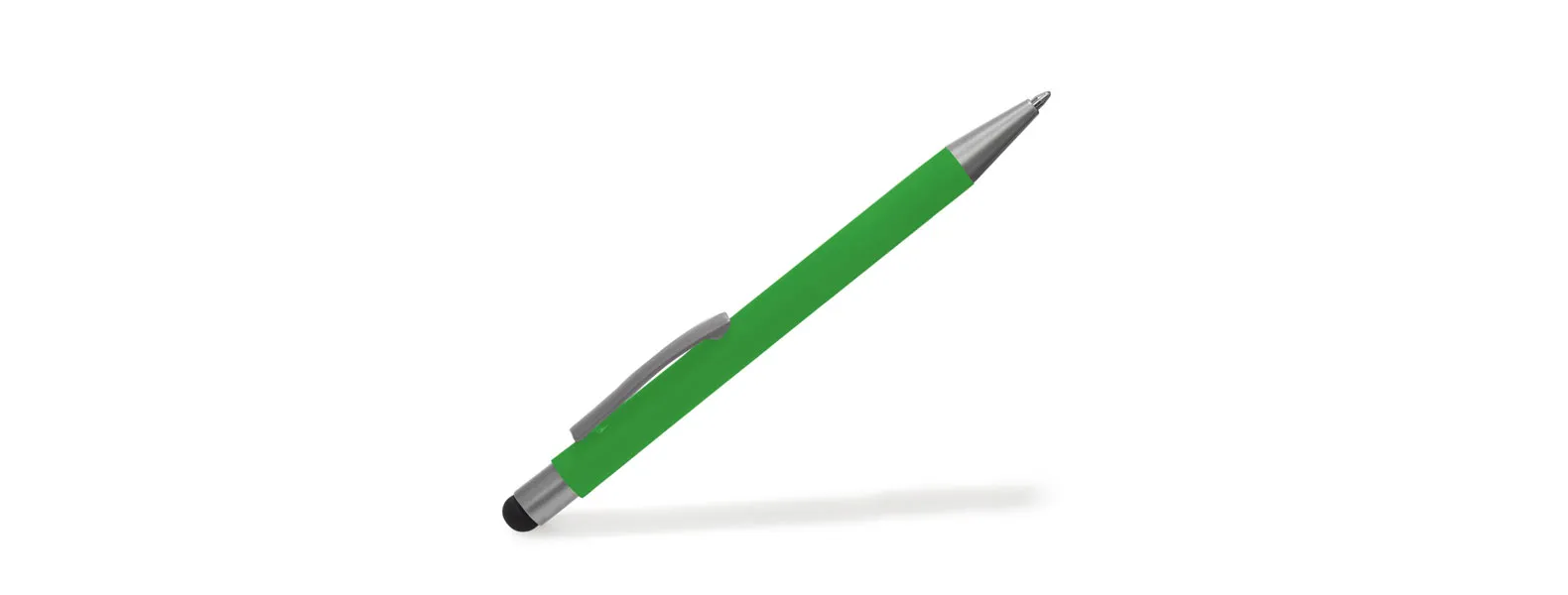 Caneta esferográfica em alumínio verde. Conta com acabamento fosco, clipe e ponteira touch em silicone preto. Carga esferográfica azul acionada por um click na extremidade da caneta.