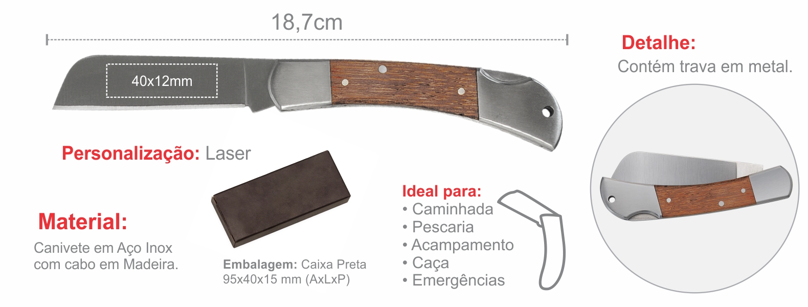 Canivete em Aço Inox com cabo em Madeira.