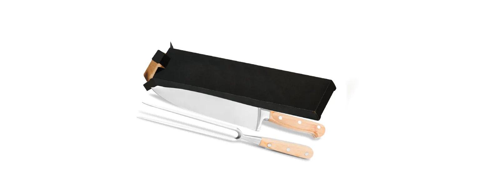 Conjunto de Faca em Bambu/Aço Inox; Acompanha faca 8'' e garfo em Bambu/Inox. Laminas forjadas Aço AISI420.