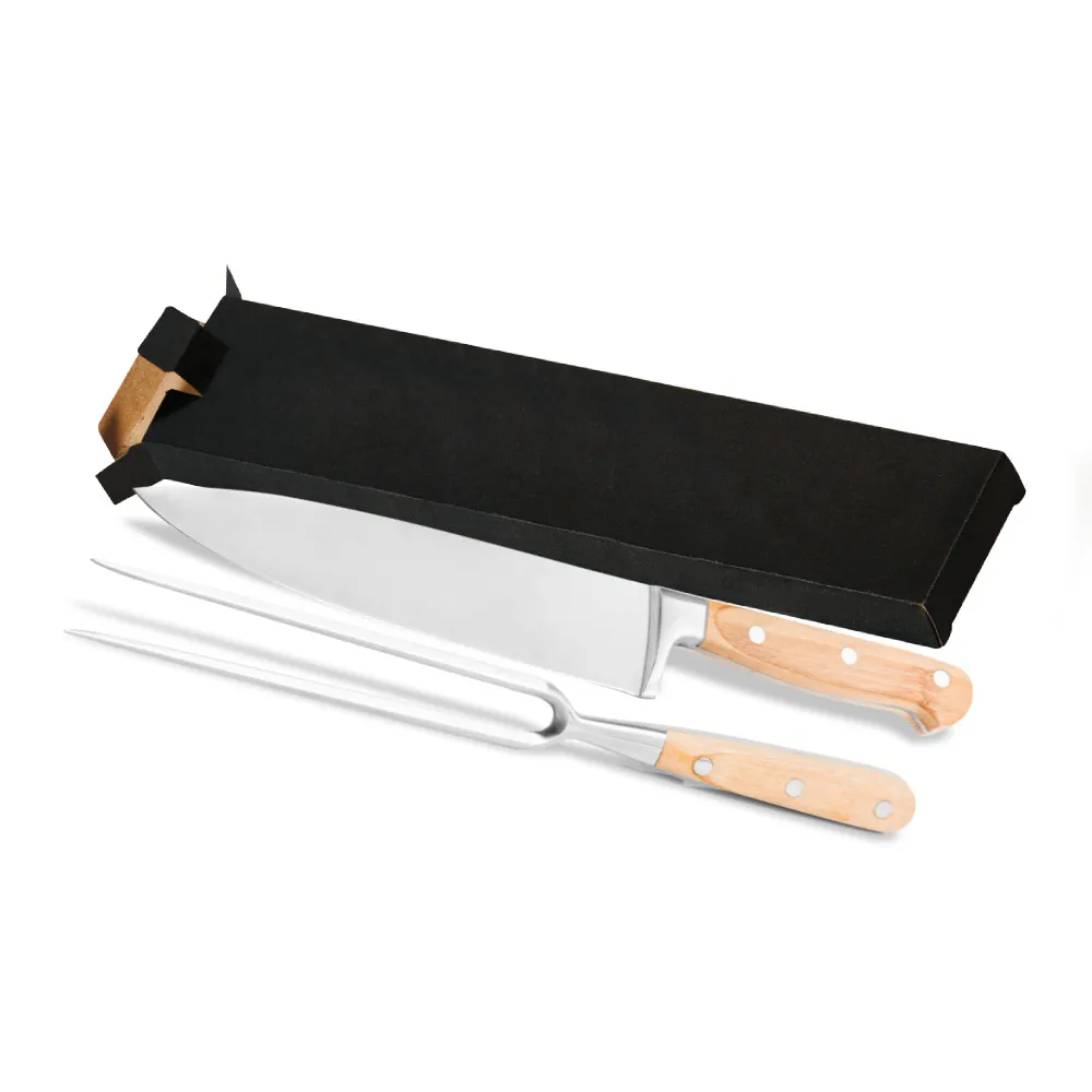 Conjunto de Faca em Bambu/Aço Inox; Acompanha faca 8'' e garfo em Bambu/Inox. Laminas forjadas Aço AISI420.