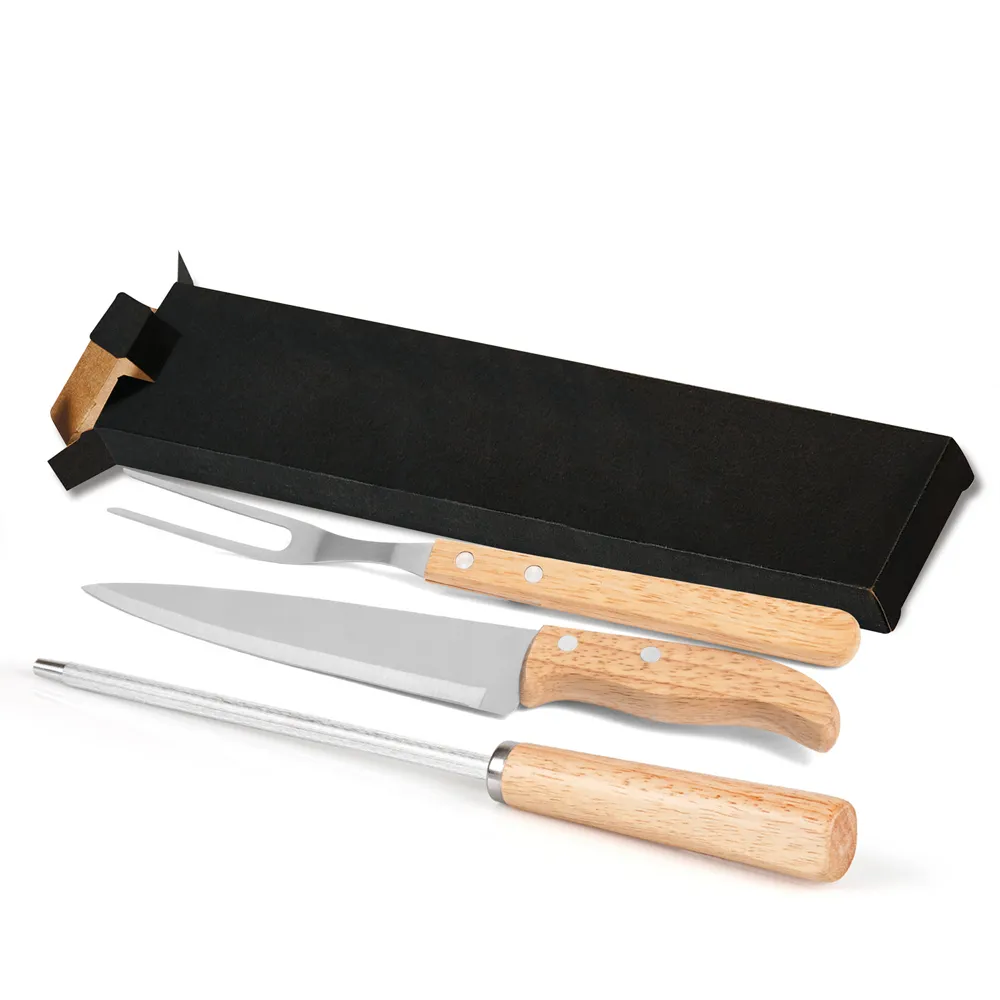 Conjunto de Faca em Madeira/Aço Inox; Acompanha faca 7'', garfo e chaira em Madeira/Inox e caixa para presente. Como cortesia, fazemos uma gravação na lâmina da faca com os cortes do boi.