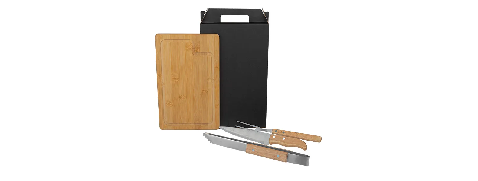 Kit para churrasco com pegador. Conta com tábua em bambu; Faca 7, garfo e pegador em aço Inox/Madeira.