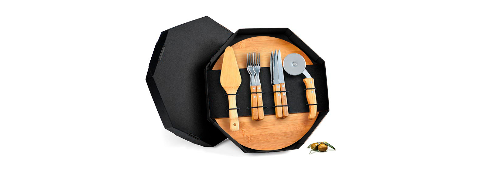 Conjunto para pizza em bambu/Aço Inox; Acompanha tábua e espátula em bambu; Quatro facas de mesa, quatro garfos de mesa e cortador de pizza em bambu/Inox. Embalagem ideal para presentear.