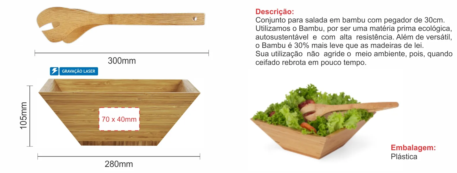 Conjunto para salada em bambu com pegador de 30cm.