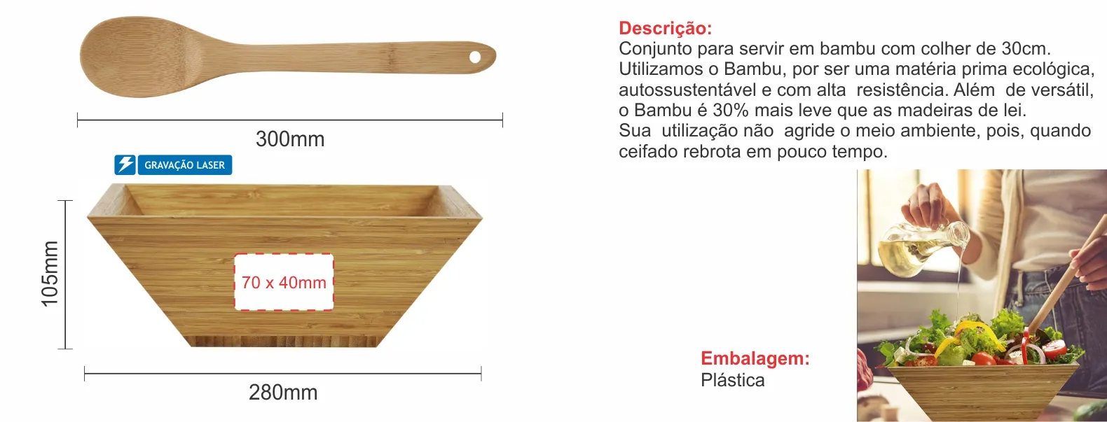 Conjunto para servir em bambu com colher de 30cm.