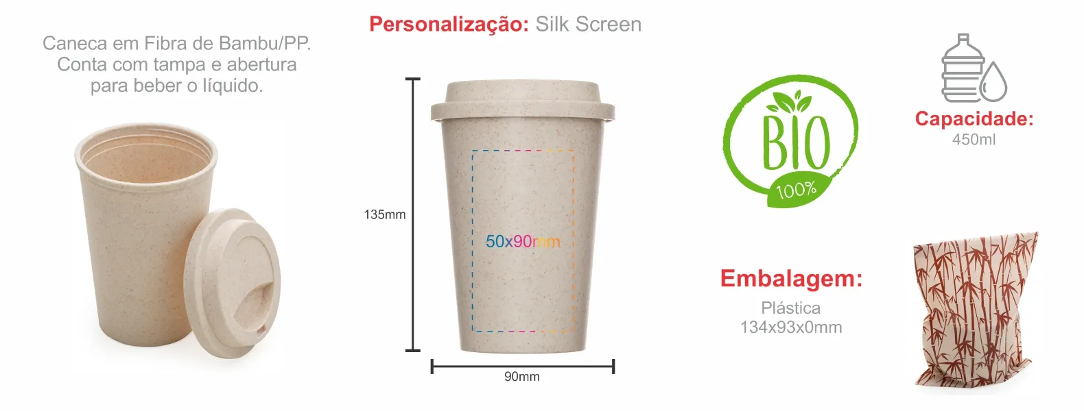 Copo em Fibra de Bambu / PP. Conta com tampa e abertura para beber o líquido. Capacidade: 450 ml