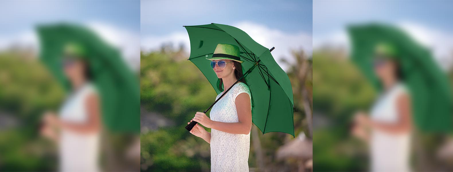 Guarda-chuva em Seda Sintética verde automático com haste em Fibra de Vidro 14mm e empunhadura reta em ABS.