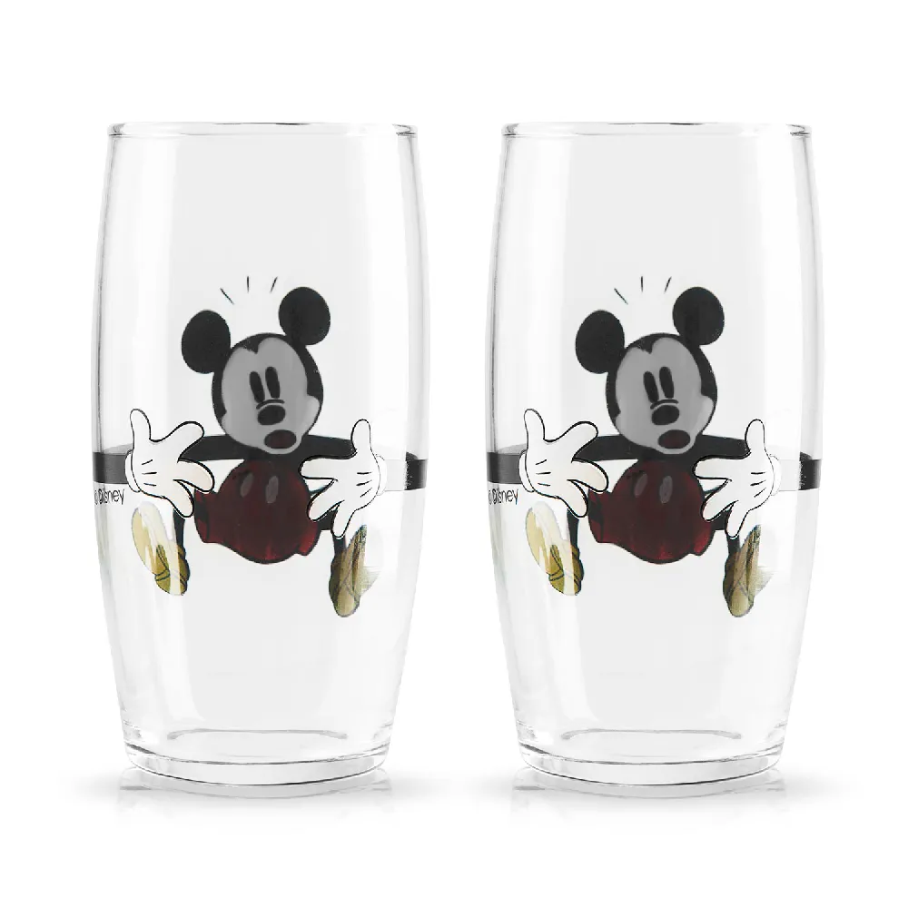Jogo de copos personalizados contendo dois copos Mickey em vidro e embalagem.