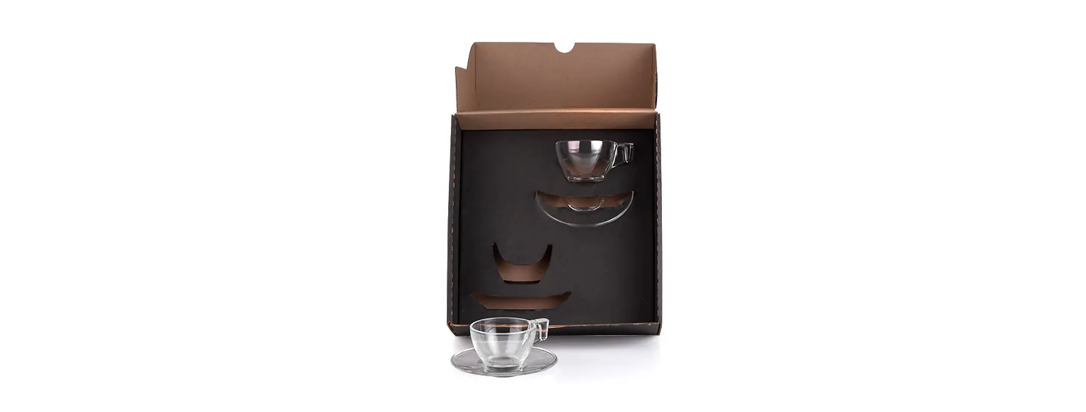 Jogo de xícaras. Kit para café contendo duas xícaras com pires em vidro. Capacidade: 90 ml cada xícara.