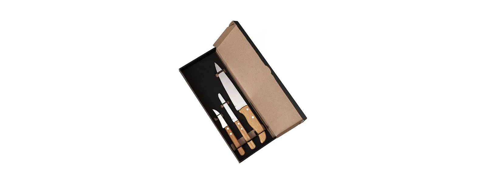 Conjunto de Facas em Bambu/Aço Inox; Acompanha faca 7'', faca 4 para frutas e faca 3 para legumes em Bambu/Inox. Como cortesia, na faca 7 fazemos uma gravação com os cortes do boi.