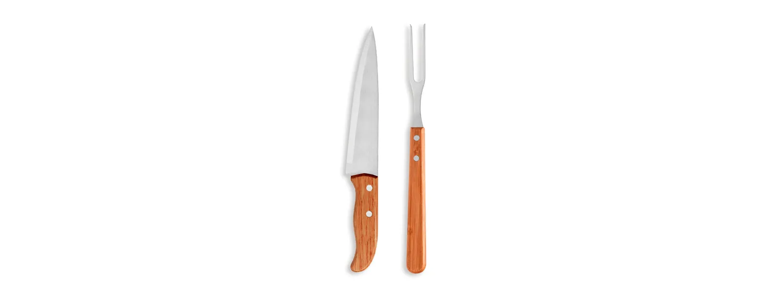 Conjunto de garfo e faca em bambu/inox. Acompanha faca 7'' e garfo trinchante em bambu/inox. Como cortesia, fazemos uma gravação na lâmina da faca com os cortes do boi.