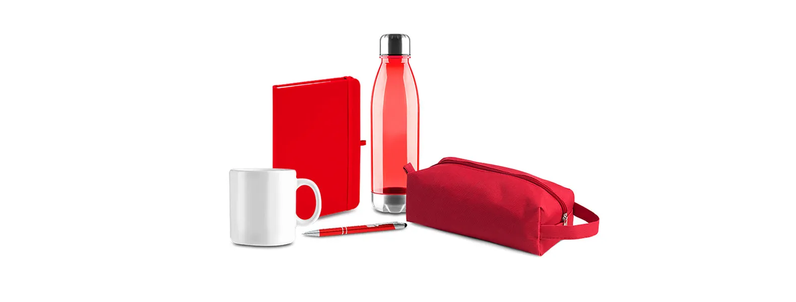 Kit composto por necessaire em Nylon vermelha; garrafa em Policarbonato vermelha; caneca em cerâmica branca; protetor para webcam/celular em PP vermelho; caderno para anotações vermelho com capa dura e caneta esferográfica em alumínio vermelha.