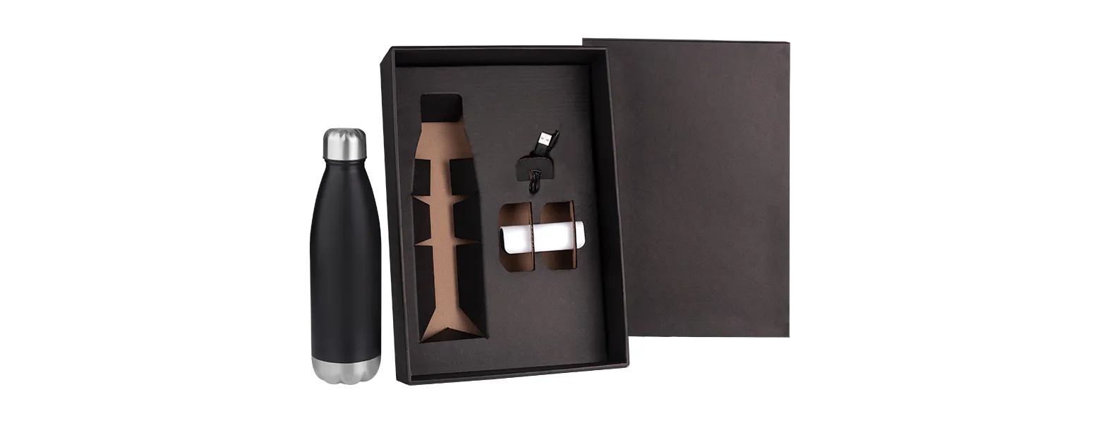 Kit garrafa e carregador portátil. Composto por garrafa em aço inox preta com tampa rosqueável e carregador portátil.