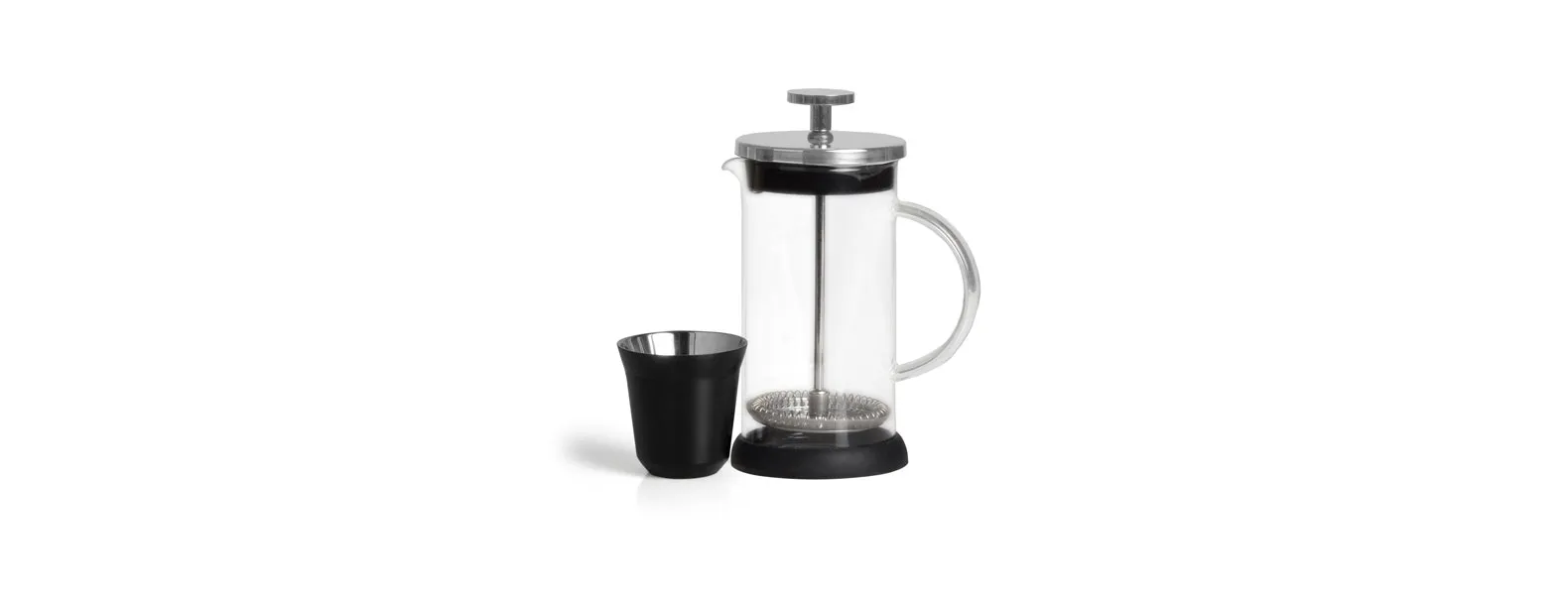 Kit para café. Conta com cafeteira prensa francesa e dois copos de 60 ml para café em aço inox preto.