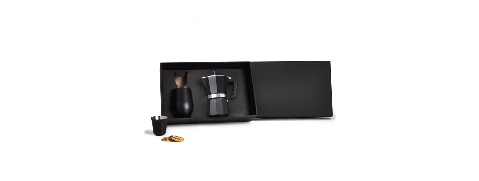 Kit para café. Conta com cafeteira prensa francesa e dois copos para café em aço inox preto, um de 80ml e outro de 340ml com tampa.