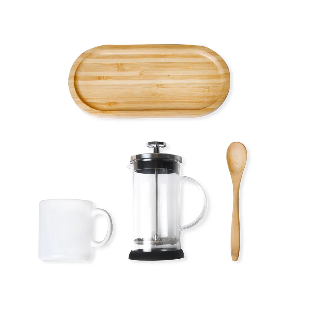 Cafeteira prensa francesa em vidro, caneca em cerâmica branca, bandeja com formato oval para servir e colher em bambu de 18 cm.