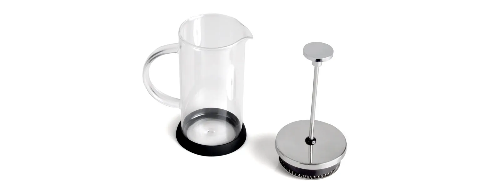 Cafeteira prensa francesa em vidro, duas xícaras com pires em vidro, duas colheres em inox e uma colher em bambu de 18 cm.