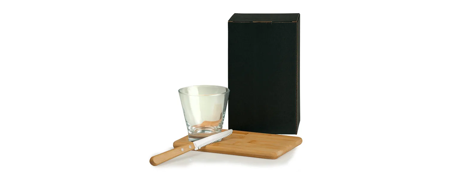 Kit para caipirinha em bambu. Conta com tábua em bambu, faca em Bambu/Inox e copo em vidro.