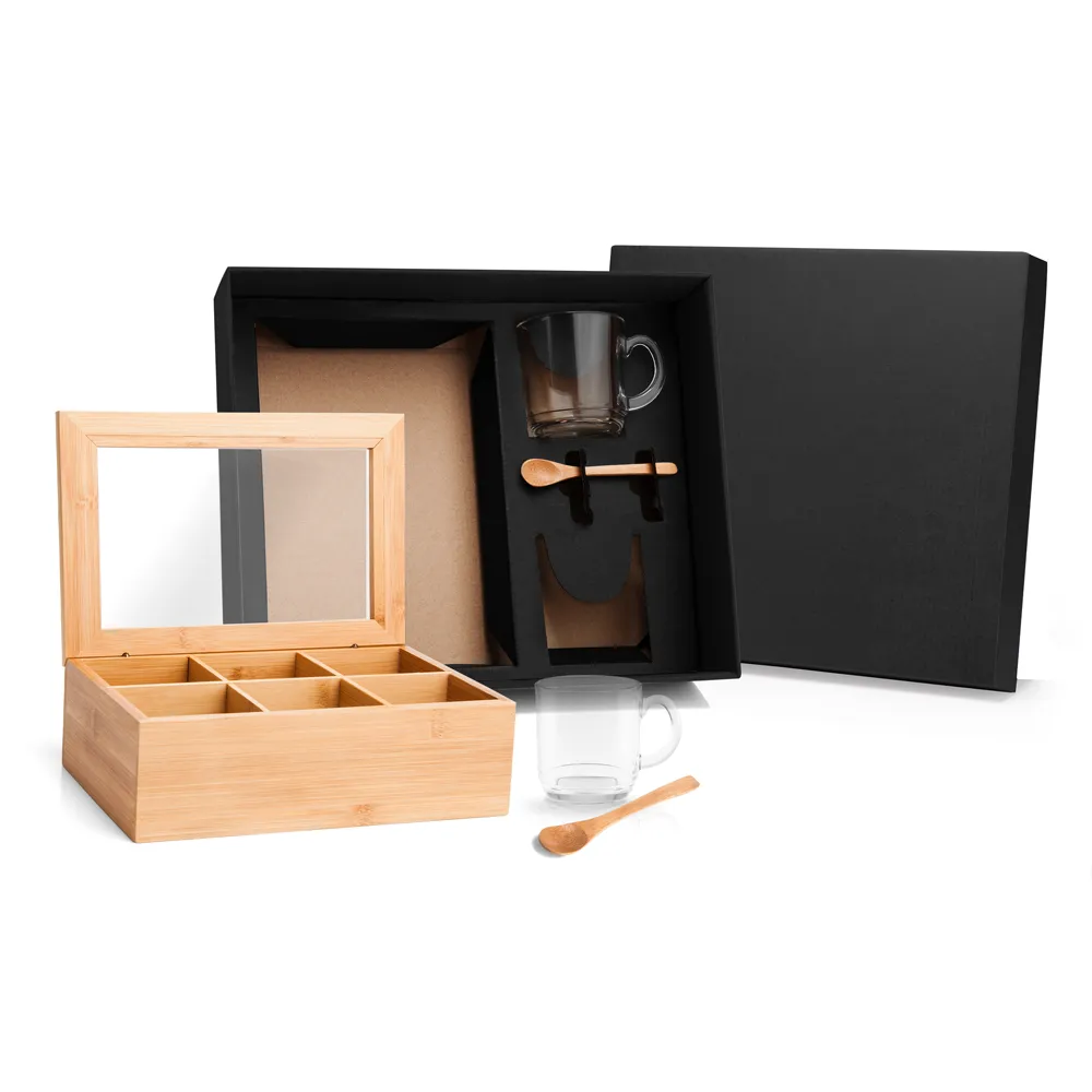 Kit contendo caixa para chá, duas colheres 13cm em bambu e duas canecas 300ml em vidro. Estão perfeitamente acomodados em uma caixa para presentear.